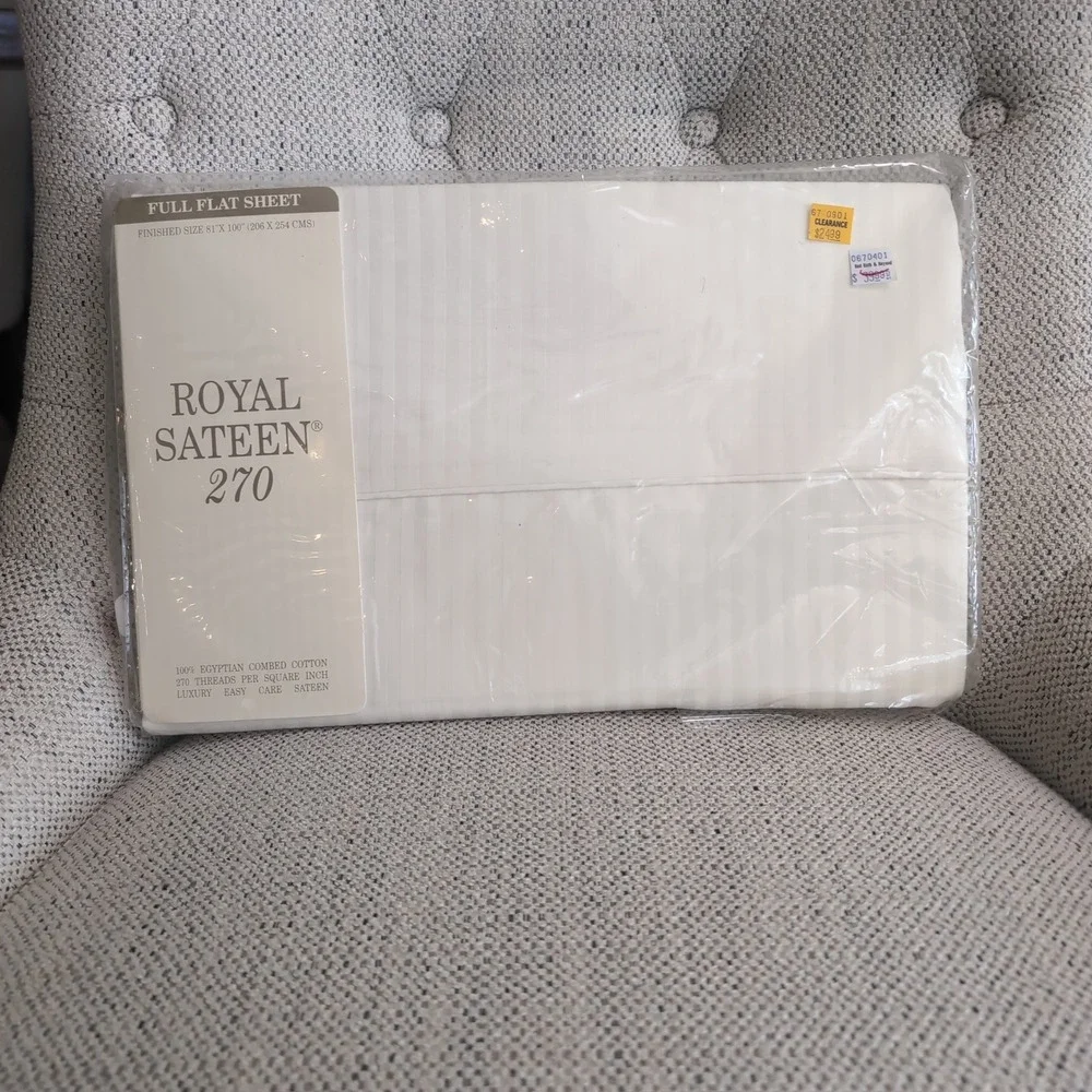 Vintage Royal Sateen 270 Egyptian Cotton Full Flat Sheet Oyster Striped NOS Seal